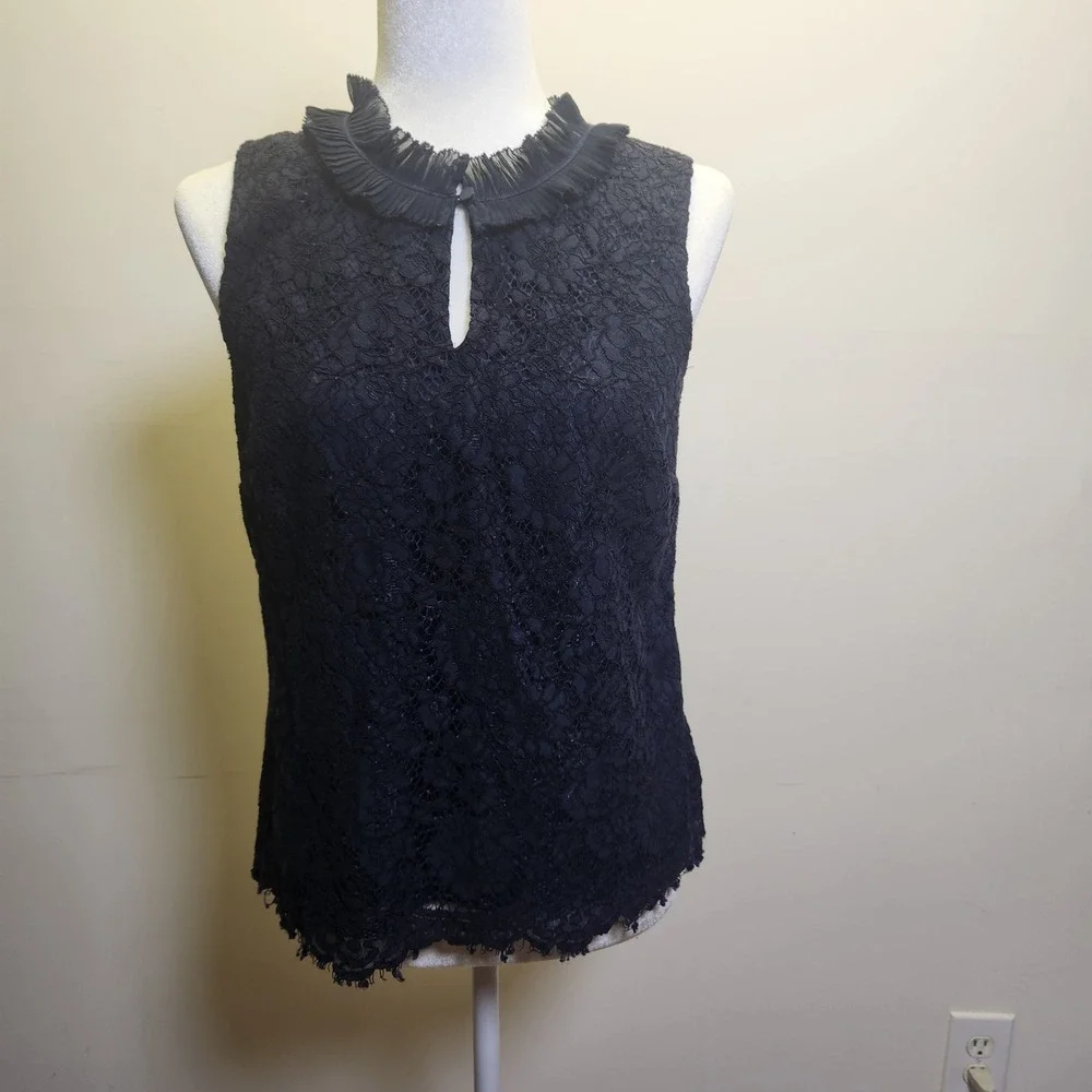 J. Crew Lace Overlay Sleeveless Blouse Keyhole Front Ruffle Neck S Career Office